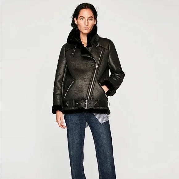 ZARA MOTO Faux Leather Shearling Jacket Coat EUC LIKE NEW - Picture 1 of 8